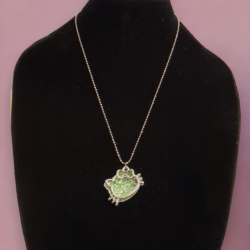 Hello Kitty green rhinestone face pendant necklace